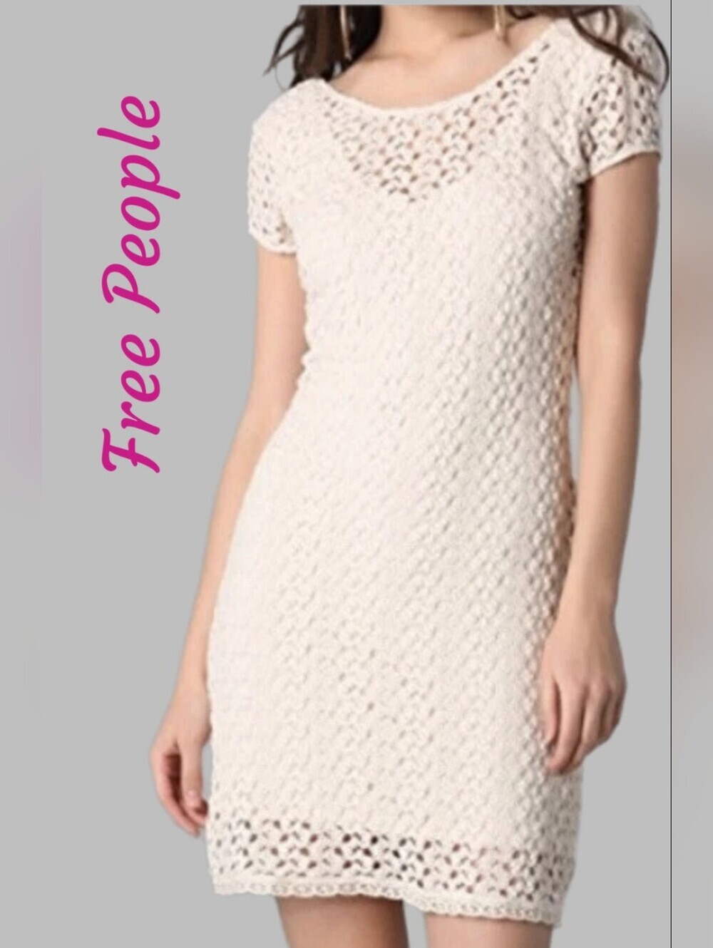 Free People Women's Mini Dress Sz S Cream Crochet Lace Scoop Neck Bodycon